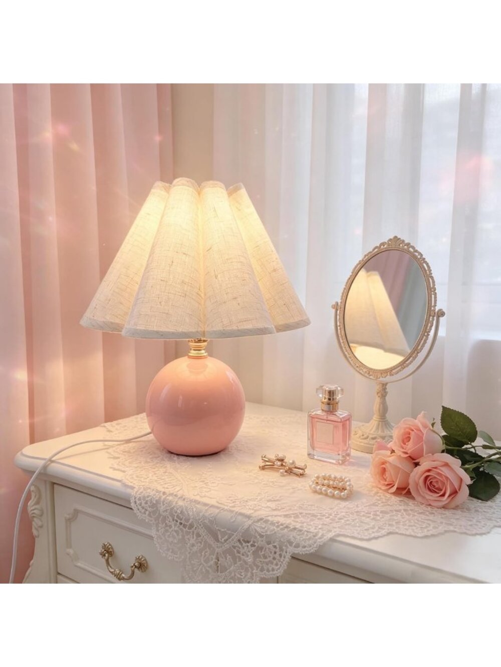 Adorable 11.5'' Pink Scalloped Ceramic Table Lamp - Perfect for Home Decor